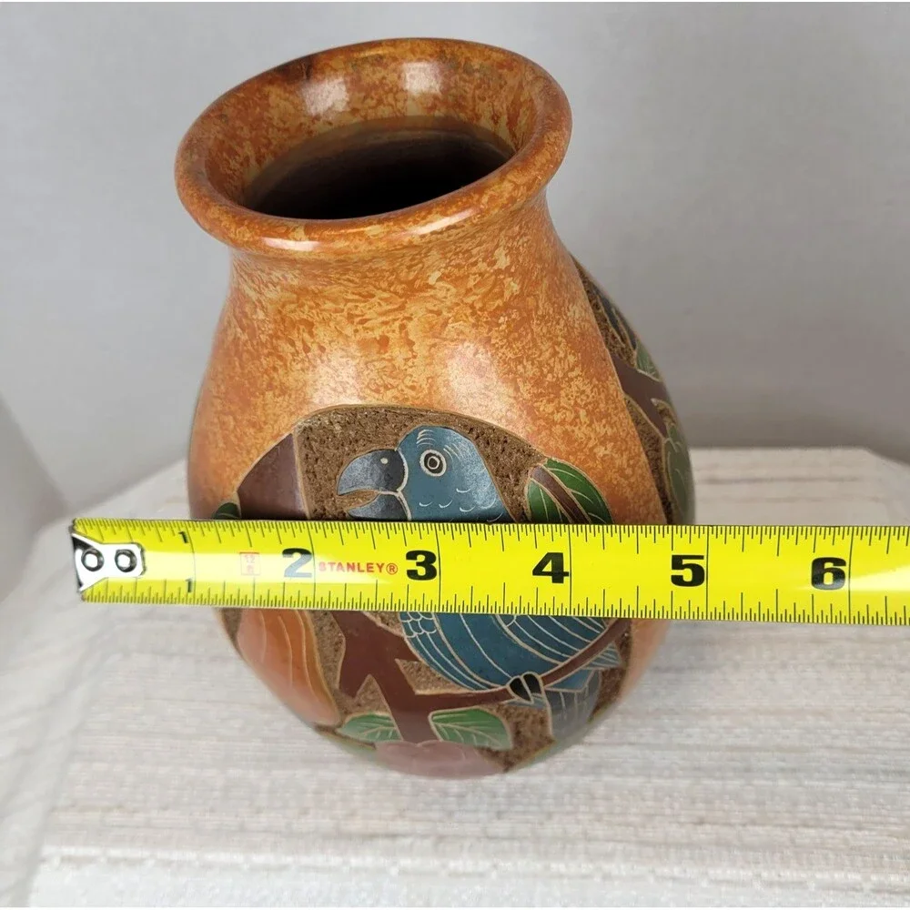 Costa Rica Folk Art Pottery Vase Hand Painted Carved Toucans & Parrots Pair 7